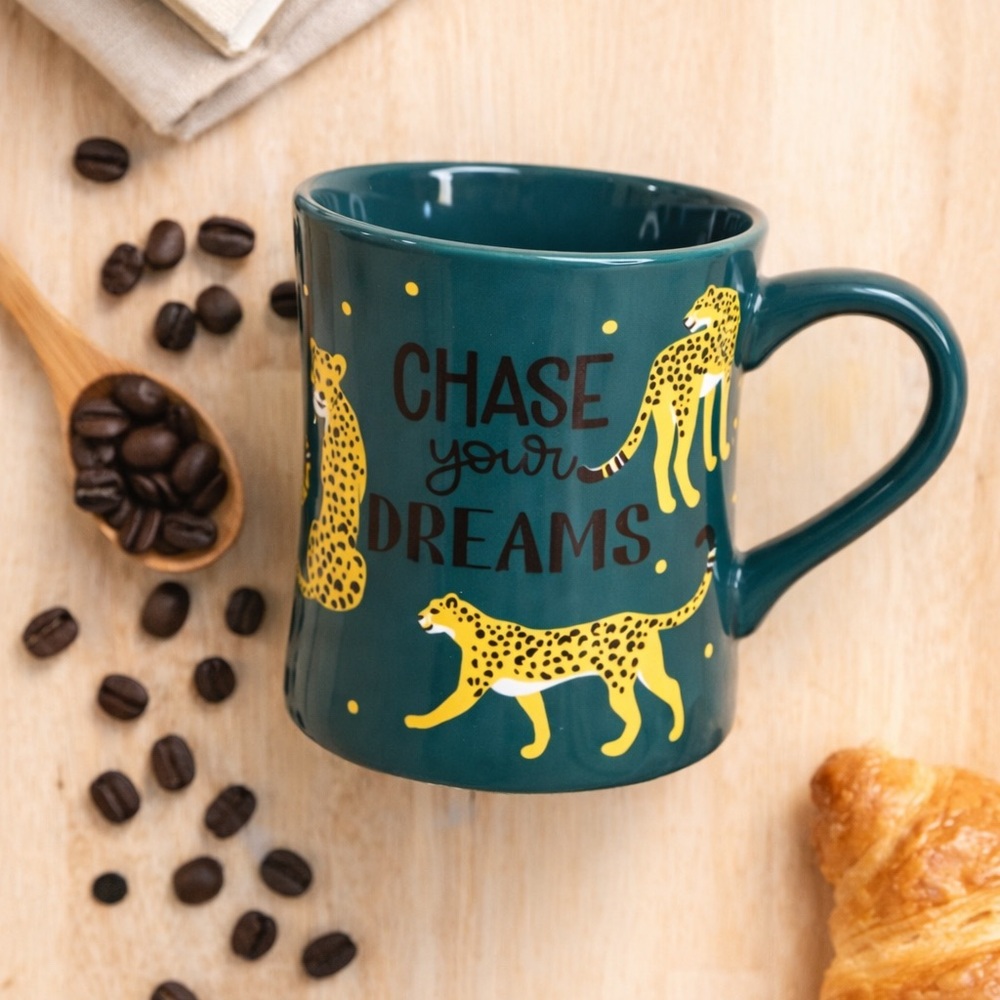 3/$20 Chase Your Dreams Cheetah Mug | Green & Yellow Animal Print Cup | 15 oz